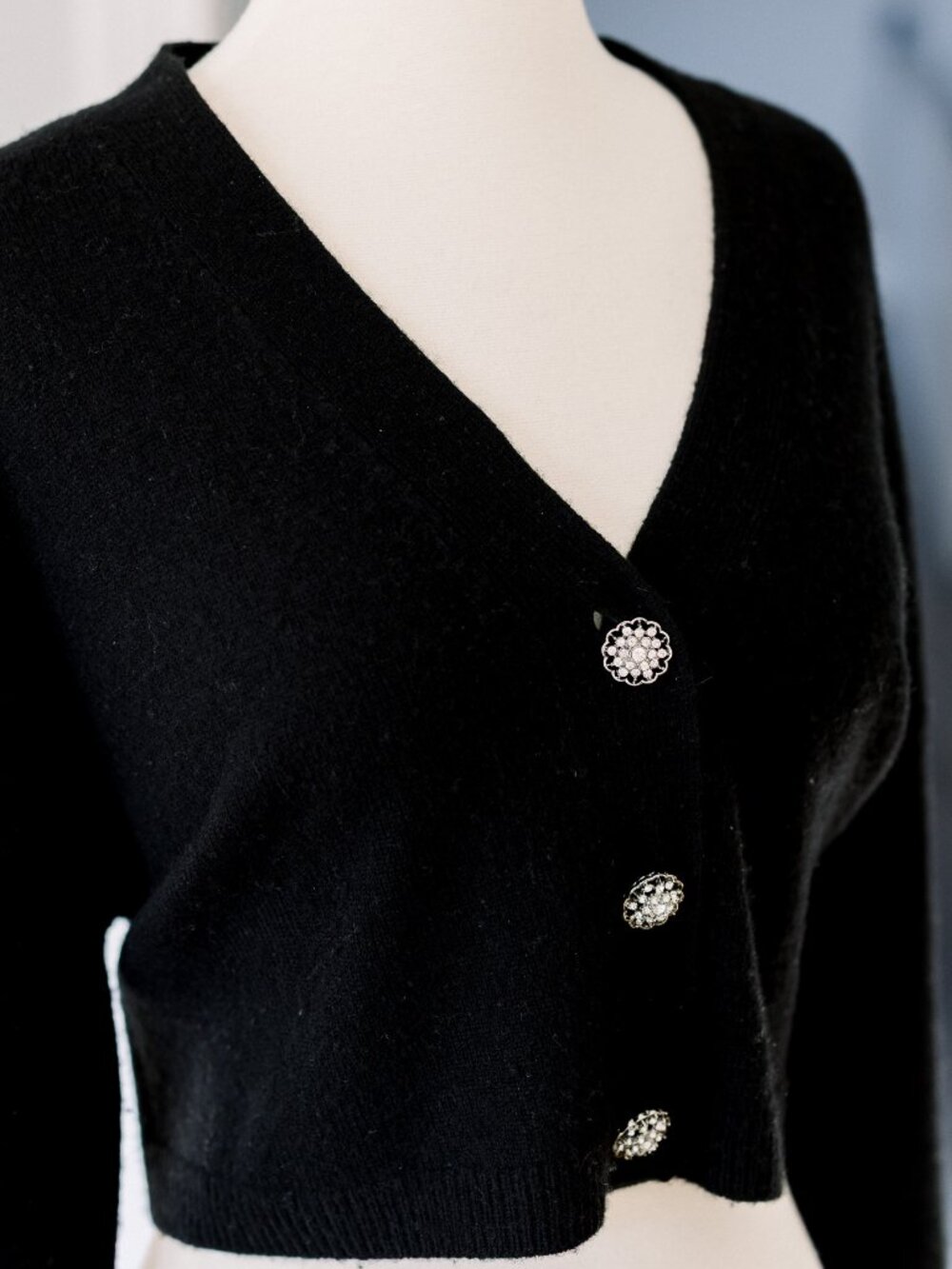 Reformation Regenerative 100% Wool Cropped Cardigan | Black | Crystal Buttons |